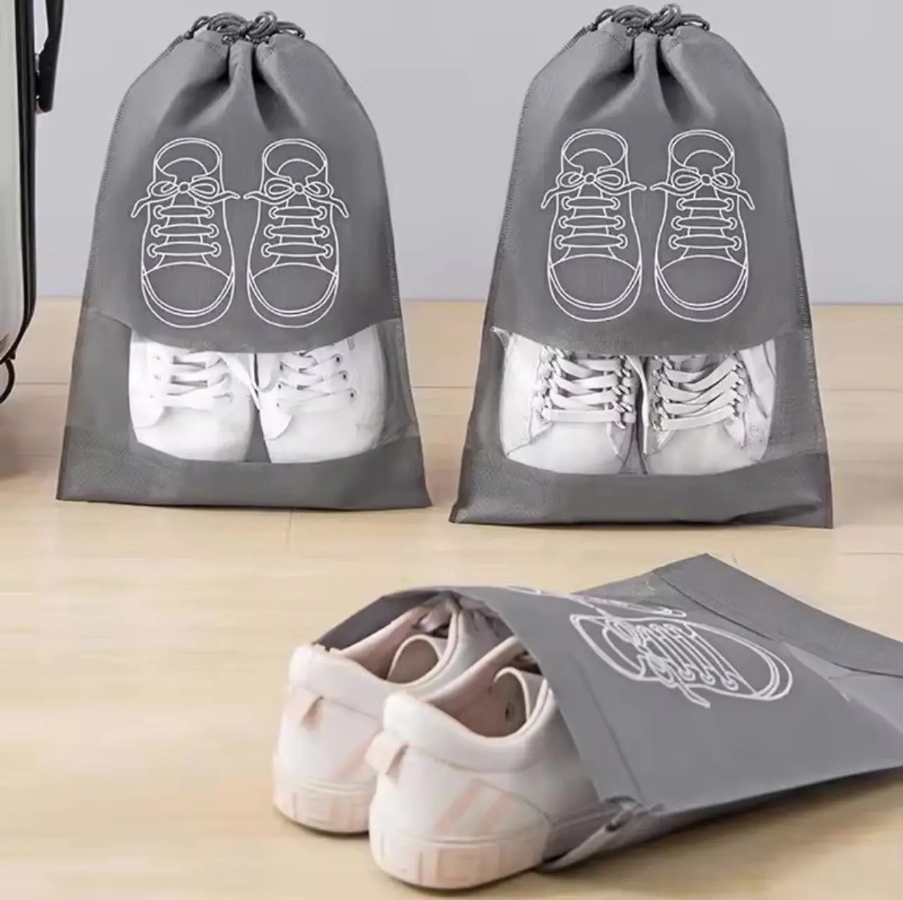 Picture of Portable Non-Woven Shoes Pouch with Clear Window for Men Women Travel 3 pcs -Multicolor