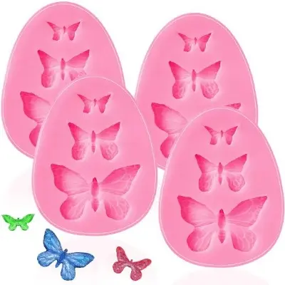 Picture of 3D Butterfly Mold Silicone Fondant Molds 3 Cavities Butterfly Shape Silicone Mold Cake Baking -Pink