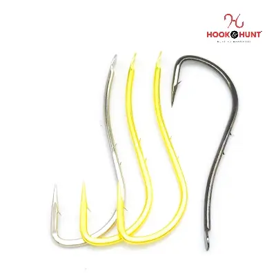Picture of 12 Piece Hook & Hunt Long Shank Double-Barbed Streamlined Sea Fishing Hook No.7–18 – Anti-Bait-Slip Loose Barbed Hook for Sea Bass, Bream & Crucian Carp (Size - 16)