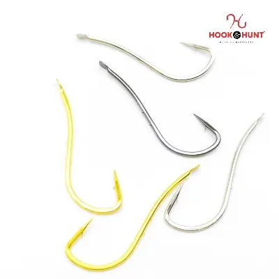 Picture of 12 Piece Hook & Hunt Long Shank Double-Barbed Streamlined Sea Fishing Hook No.7–18 – Anti-Bait-Slip Loose Barbed Hook for Sea Bass, Bream & Crucian Carp (Size - 14)