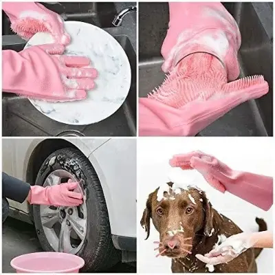 Picture of Magic Silicone Dish Washing Gloves, Silicon Cleaning Gloves, Silicon Hand Gloves for Kitchen Dishwashing and Pet Grooming, Great for Washing Dish, Car, Bathroom - Multicolor