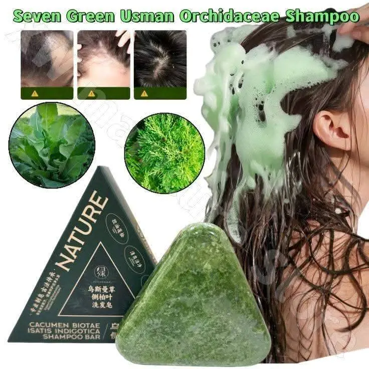 Picture of Nature Herbal Seven Green Triangle Shampoo Bar Soap with multyfunction, Oil Control, Dandruff Removal, Smoothening, Platycladus Usman Grass Hair Care-120g Original