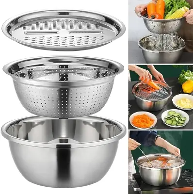 Picture of 3 In 1 Stainless Steel Drain Basket Vegetable Cutter - Silver
