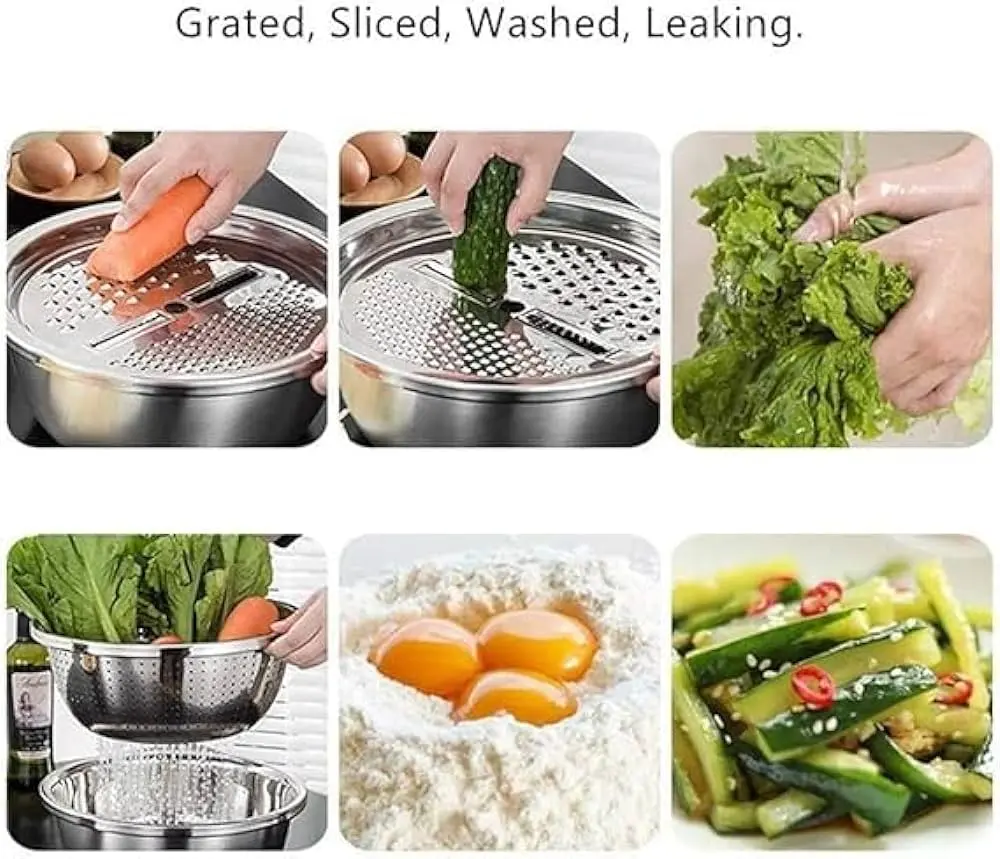 Picture of 3 In 1 Stainless Steel Drain Basket Vegetable Cutter - Silver