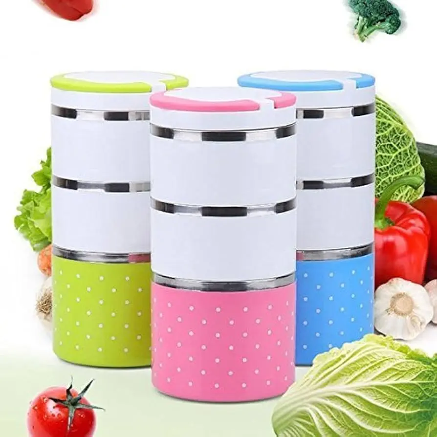Picture of THREE LAYER HIGH QUALITY STAINLESS STEEL LUNCH BOX 1230 ML. -Multicolor