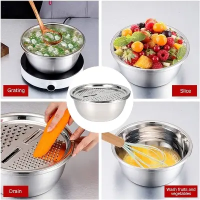 Picture of Lifestyle Mall 3in1 Multifunctional Stainless Steel Grating Basin thick stainless steel drain basin kitchen/Vagetable Cutter -Multicolor