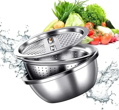 Picture of Lifestyle Mall 3in1 Multifunctional Stainless Steel Grating Basin thick stainless steel drain basin kitchen/Vagetable Cutter -Multicolor