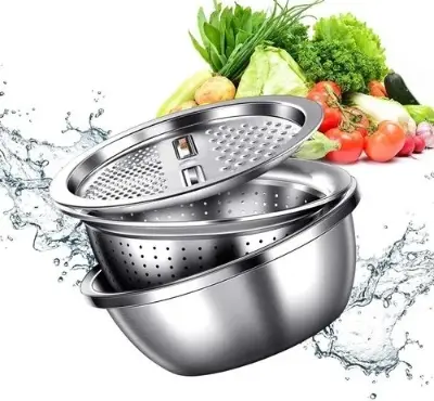 Picture of Lifestyle Mall 3in1 Multifunctional Stainless Steel Grating Basin thick stainless steel drain basin kitchen/Vagetable Cutter -Multicolor