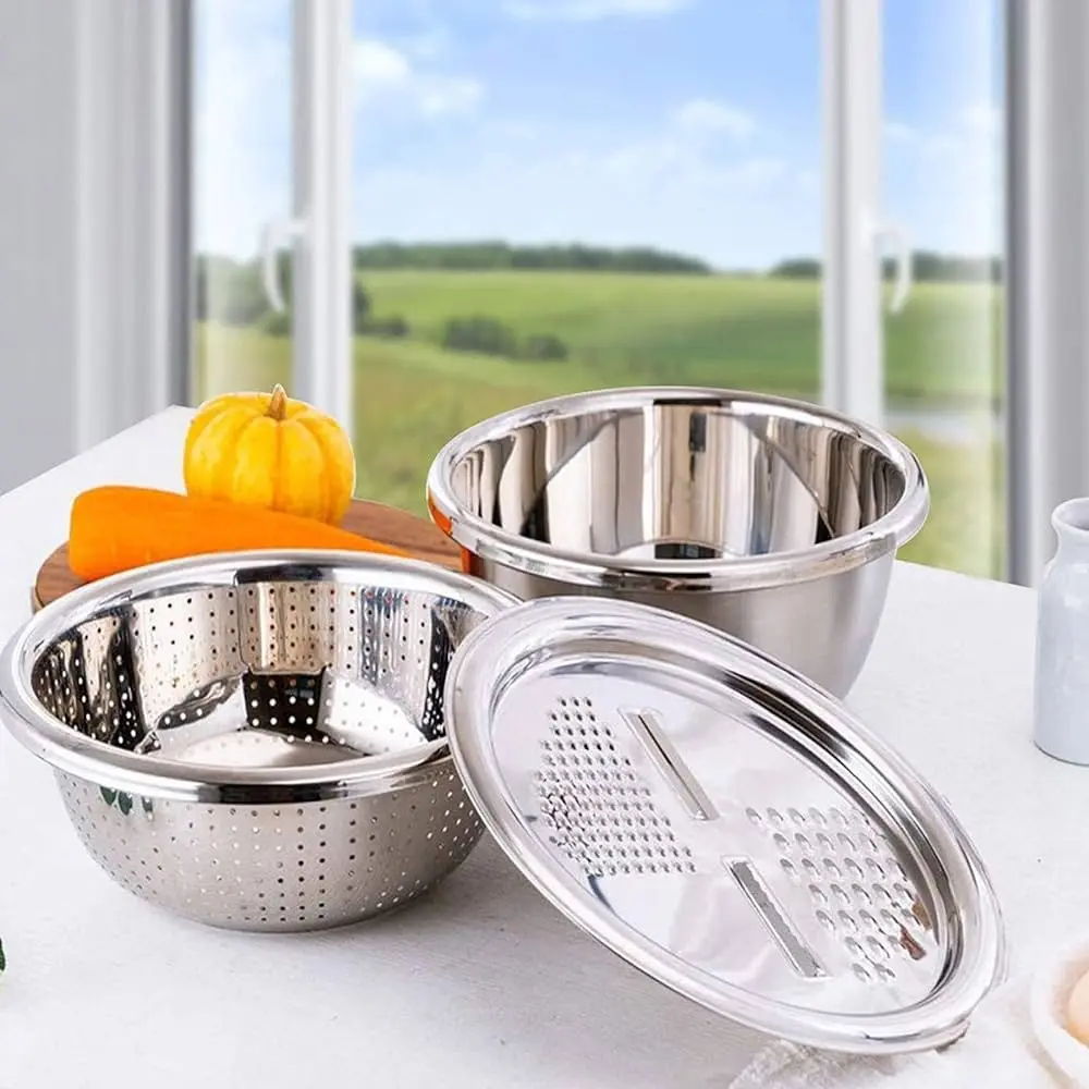 Picture of Lifestyle Mall 3in1 Multifunctional Stainless Steel Grating Basin thick stainless steel drain basin kitchen/Vagetable Cutter -Multicolor
