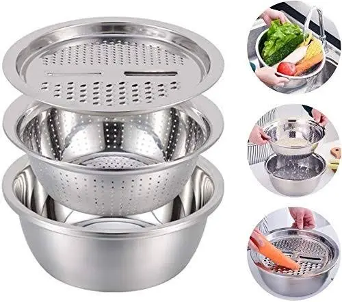Picture of Lifestyle Mall 3in1 Multifunctional Stainless Steel Grating Basin thick stainless steel drain basin kitchen/Vagetable Cutter -Multicolor