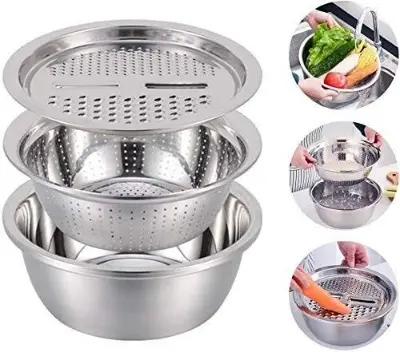 Picture of Lifestyle Mall 3in1 Multifunctional Stainless Steel Grating Basin thick stainless steel drain basin kitchen/Vagetable Cutter -Multicolor