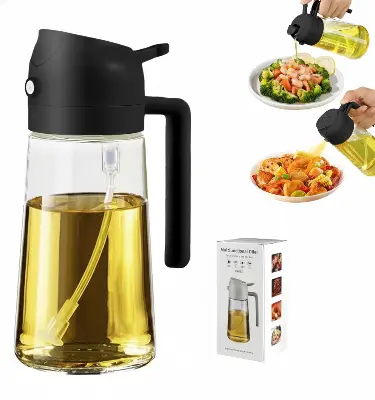 Picture of 2-in-1 Premium Glass Oil Sprayer and Dispenser Bottle 470ml | Essential Kitchen Tool for Healthy Cooking - Leakproof Dual Function Pourer & Fine Mist Mister for Air Fryer, BBQ, Grilling, Salad Dressing - Wide Mouth Design, BPA-Free, Controlled Oil Pour BD -Multicolor