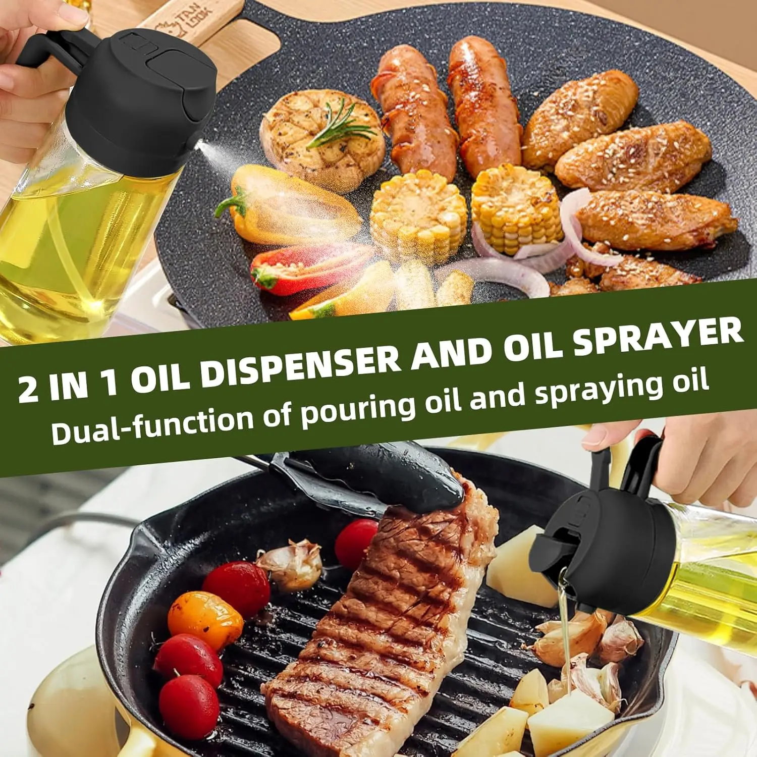 Picture of 2-in-1 Premium Glass Oil Sprayer and Dispenser Bottle 470ml | Essential Kitchen Tool for Healthy Cooking - Leakproof Dual Function Pourer & Fine Mist Mister for Air Fryer, BBQ, Grilling, Salad Dressing - Wide Mouth Design, BPA-Free, Controlled Oil Pour BD -Multicolor