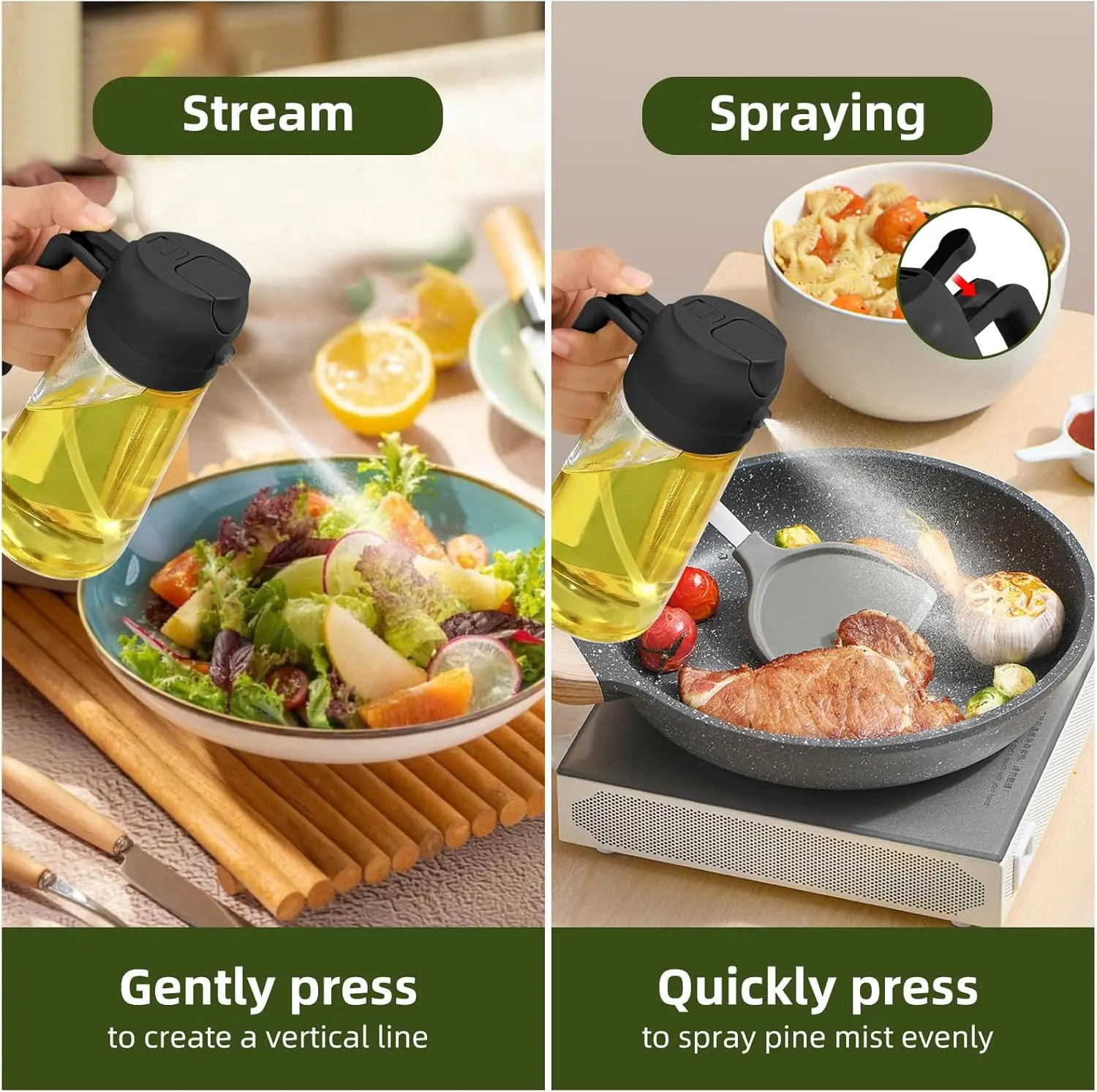Picture of 2-in-1 Premium Glass Oil Sprayer and Dispenser Bottle 470ml | Essential Kitchen Tool for Healthy Cooking - Leakproof Dual Function Pourer & Fine Mist Mister for Air Fryer, BBQ, Grilling, Salad Dressing - Wide Mouth Design, BPA-Free, Controlled Oil Pour BD -Multicolor