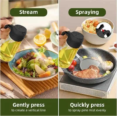 Picture of 2-in-1 Premium Glass Oil Sprayer and Dispenser Bottle 470ml | Essential Kitchen Tool for Healthy Cooking - Leakproof Dual Function Pourer & Fine Mist Mister for Air Fryer, BBQ, Grilling, Salad Dressing - Wide Mouth Design, BPA-Free, Controlled Oil Pour BD -Multicolor