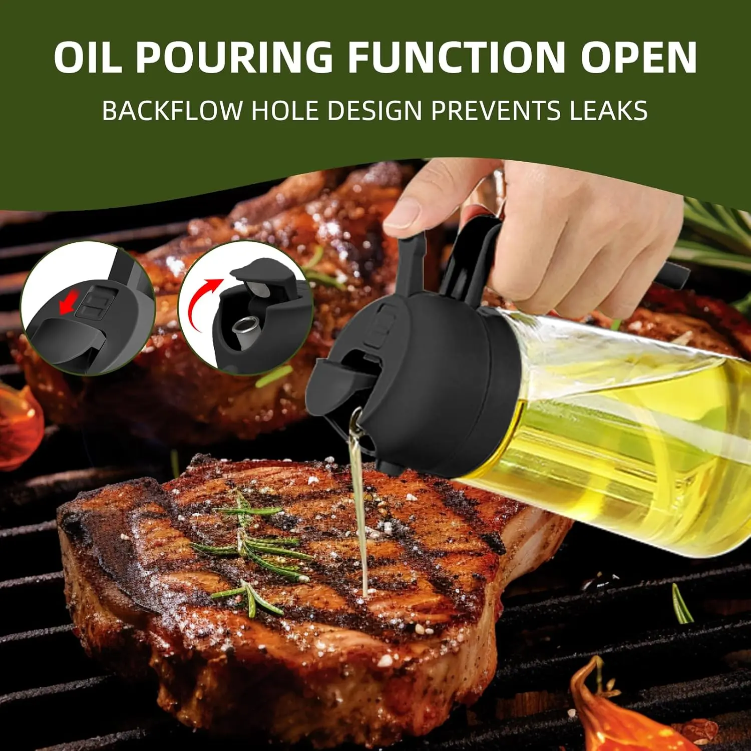 Picture of 2-in-1 Premium Glass Oil Sprayer and Dispenser Bottle 470ml | Essential Kitchen Tool for Healthy Cooking - Leakproof Dual Function Pourer & Fine Mist Mister for Air Fryer, BBQ, Grilling, Salad Dressing - Wide Mouth Design, BPA-Free, Controlled Oil Pour BD -Multicolor