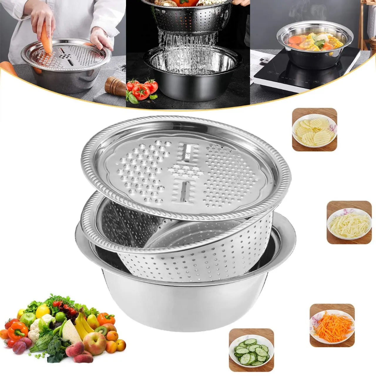Picture of 3in1 Multifunctional Stainless Steel Grating Basin thick stainless steel drain basin kitchen / Vagetable Cutter - Dhaka Shopping Zone -Multicolor