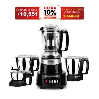 Picture of Panasonic 1500W Max (9-in-1) Heavy Duty Mixer Grinder, 4 Jars, 360 Degree Rotating Pusher , SS-304 Hardened Blade,  Double Safety Locking System (MX-AV425) Black 