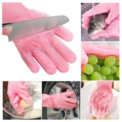 Picture of Dishwashing Gloves with Cleaning Scrubber High Quality Silicone Dish Washing Kitchen Hand Gloves - Multicolor