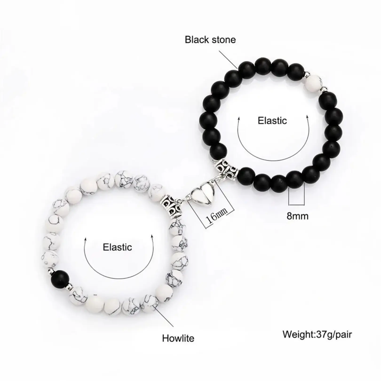 Picture of 2Pcs/1 Pair Natural Stone Beaded Heart Magnet Attraction Couple Bracelets For Women Men Simple Love Relationship Bracelet Jewelry