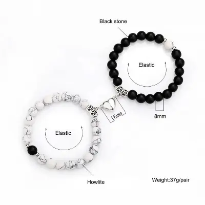 Picture of 2Pcs/1 Pair Natural Stone Beaded Heart Magnet Attraction Couple Bracelets For Women Men Simple Love Relationship Bracelet Jewelry