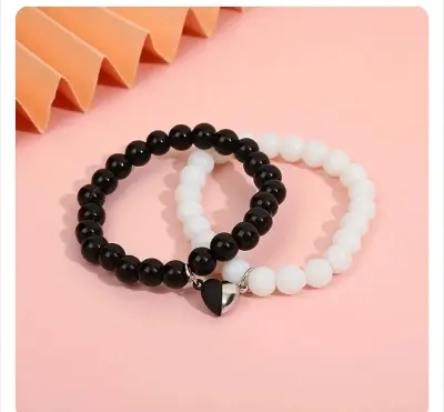 Picture of 2 Pcs Black & White Crystal Heart Magnetic Best Friend Bracelet for Couples