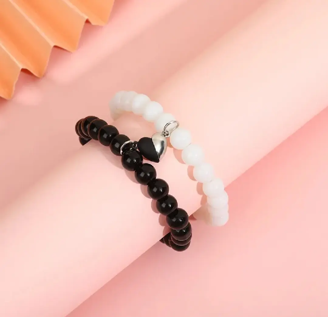 Picture of 2 Pcs Black & White Crystal Heart Magnetic Best Friend Bracelet for Couples
