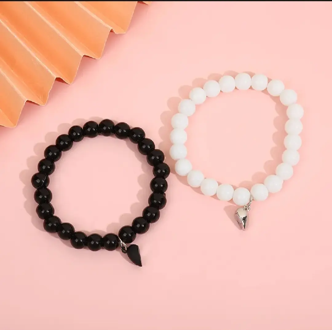 Picture of 2 Pcs Black & White Crystal Heart Magnetic Best Friend Bracelet for Couples