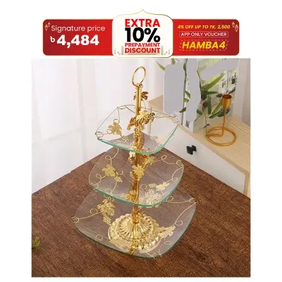 Picture of European-style Metal Tempered Glass Fruit Plate Three-layer Retro Elegant Hotel Home Living Room Fruit Plate (Color : Gold, Size : One size)