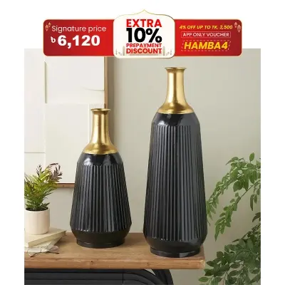 Picture of Black Metal Tall Ribbed Decorative Vase with Gold Tops (Set of 2)