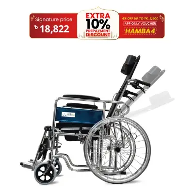 Picture of 3-In-1 Deluxe Wheelchair | Chrome Finish Foldable Wheelchair for Regular & Commode Use | Swing-Away Footrest With Calf Support, 608GCJ-Black & Blue