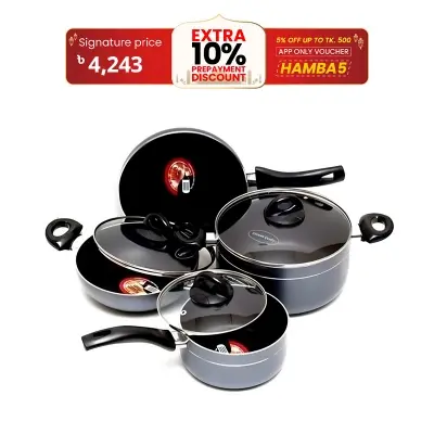 Picture of Kiam Non Stick 7 Pcs Cookware Set For Superior Release -1Pc Casserol, 1Pc Fry pan, 1Pc Karai and 1Pc Milk pan with 3 lids
