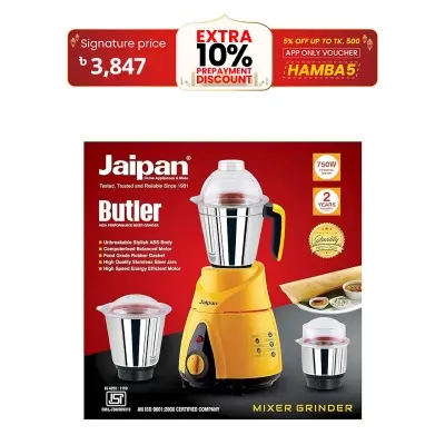 Picture of Original Indian Jaipan Butler 850 watts mixer grinder, Superfast Grinding & Blending, heavy-duty professional grade large jar & blades