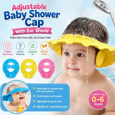 Picture of Adjustable Baby Shower Cap with Ear Protection | Waterproof Kids Shampoo Hat (0–6 Years)