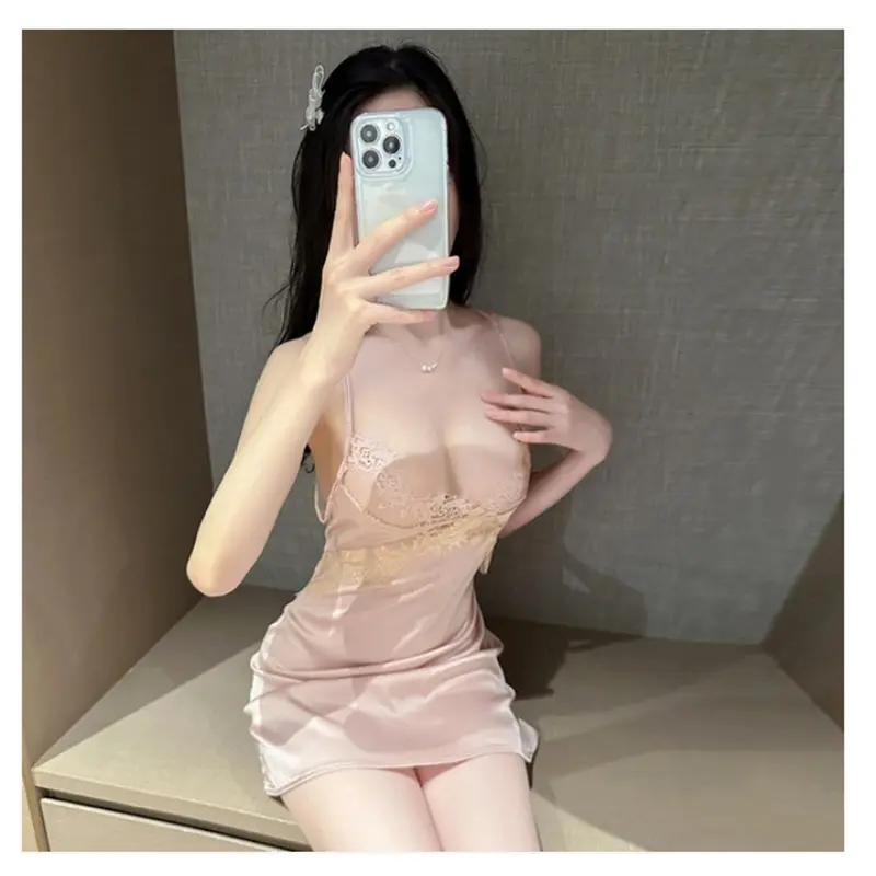 Picture of Sexy Nightgown Deep V Small Ches t Gathered Sexy Pajamas Pure Desir e Lace-Up Sling Nightgown French d ress