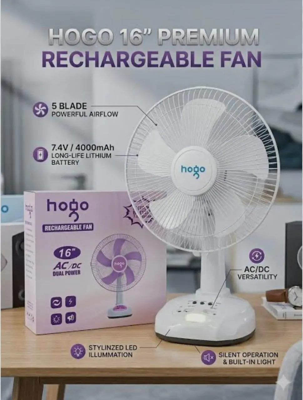 Picture of Hogo Rechargeable 16" full Stand  Table Fan. Lithium Battery-7.4V (4000mAh)