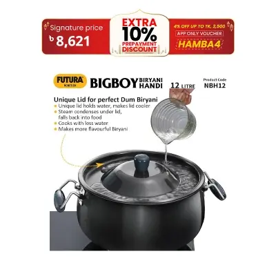 Picture of Hawkins Futura 12 Litre BigBoy Biryani Handi, Non Stick Pot with Hard Anodised Lid, Sauce Pan for Cooking and Serving Biriyani