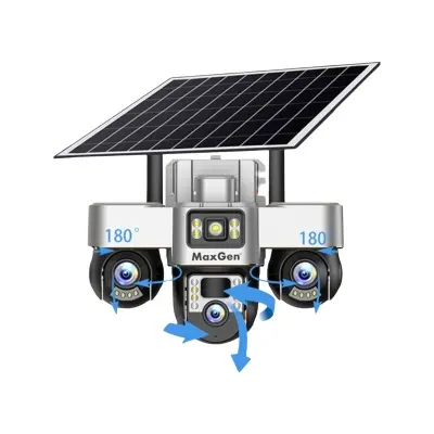 Picture of MaxGen V380 PRO 3 Lens Solar VTS30-4G Sim-Supported Battery Backup PTZ IP Camera 9MP Outdoor Waterproof 360 Degree Wide Angle Auto Tracking Color Night Vision Two Way Audio PTZ CCTV Camera (Multicolor)