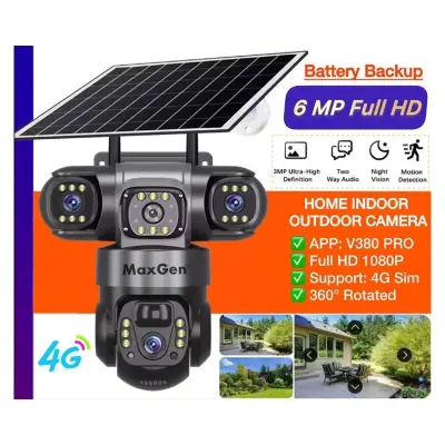 Picture of MaxGen V380 PRO 3 Lens Solar VTS28-4G Sim-Supported Battery Backup PTZ IP Camera 9MP Outdoor Waterproof 360 Degree Wide Angle Auto Tracking Color Night Vision Two Way Audio PTZ CCTV Camera (Black)