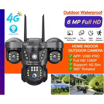 Picture of MaxGen V380 PRO 3 Lens SC29-4G SIM SUPPORT IP Camera 6MP Outdoor Waterproof 360 Degree Wide Angle Auto Tracking Color Night Vision Two Way Audio PTZ CCTV Camera (Black)