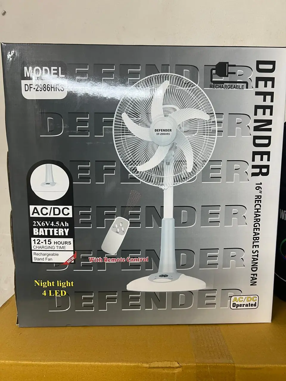 Picture of (TS-2986HRS): Defender 16" Remote Control Rechargeable Fan AC-DC China Fittings with LED Multi-Function - white and Marun