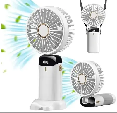 Picture of N15 4000mAh Handheld Mini Fan Foldable Portable Neck Hanging Fans 5 Speed USB Rechargeable Fan with Phone Stand and Display