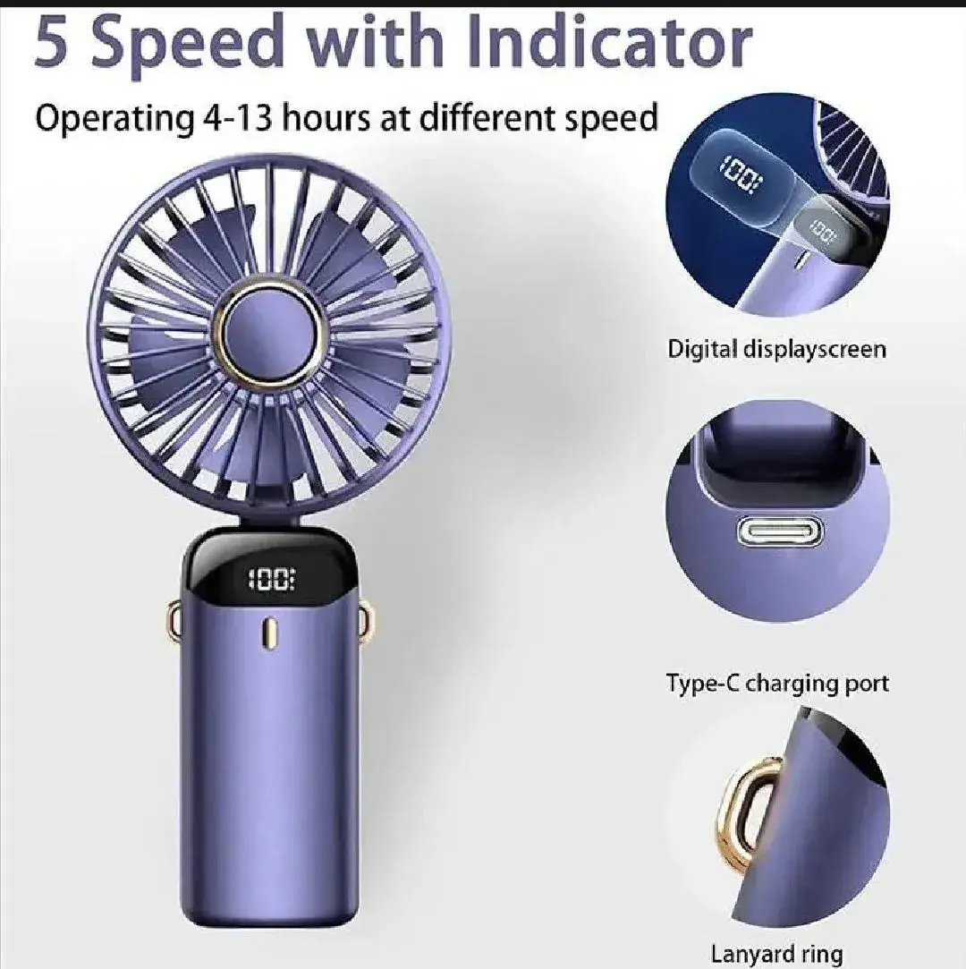 Picture of N15 4000mAh Handheld Mini Fan Foldable Portable Neck Hanging Fans 5 Speed USB Rechargeable Fan with Phone Stand and Display