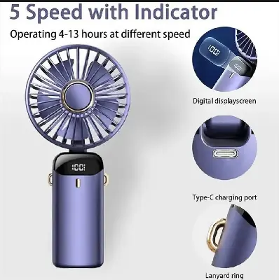 Picture of N15 4000mAh Handheld Mini Fan Foldable Portable Neck Hanging Fans 5 Speed USB Rechargeable Fan with Phone Stand and Display