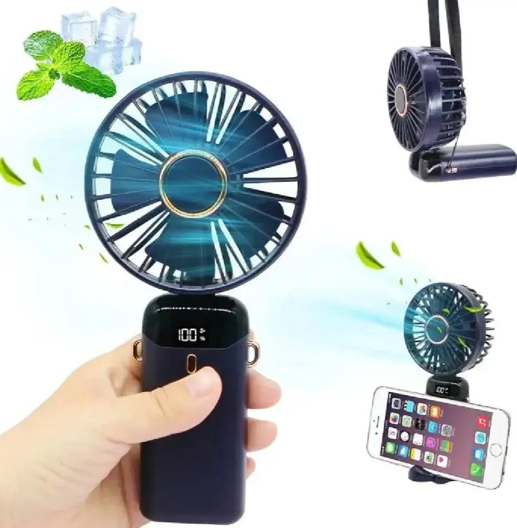 Picture of N15 4000mAh Handheld Mini Fan Foldable Portable Neck Hanging Fans 5 Speed USB Rechargeable Fan with Phone Stand and Display
