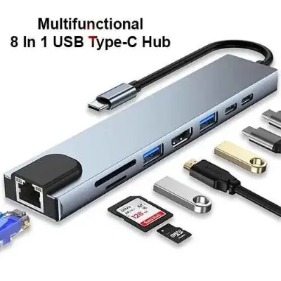 Picture of Type-C USB Hub 8-in-1 with HDMI, LAN Network Card – Dual Head High-Speed Dock Hub for PC & Mac Bangladesh
