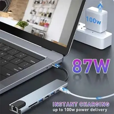 Picture of Type-C USB Hub 8-in-1 with HDMI, LAN Network Card – Dual Head High-Speed Dock Hub for PC & Mac Bangladesh