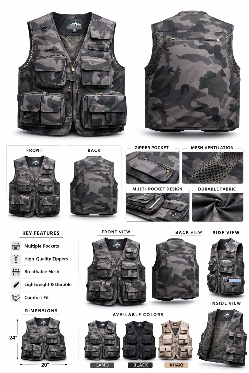 Picture of Multi Pockets Summer Mens US Tactical Hiking Fishing Vest Mens Photographer Waistcoat Mesh Cargo Sleeveless Jacket Tool Vest 6XL Applicable Season:Spring and Summer Applicable Scene:Casual Decoration:Pockets Closure Type:zipper Type:LOOSE Detachable Part: