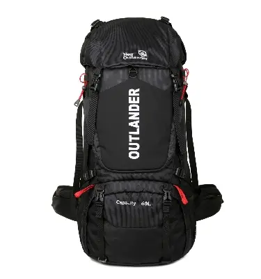 Picture of New Outlander 60L black hiking backpack with red accents and multiple compartments.