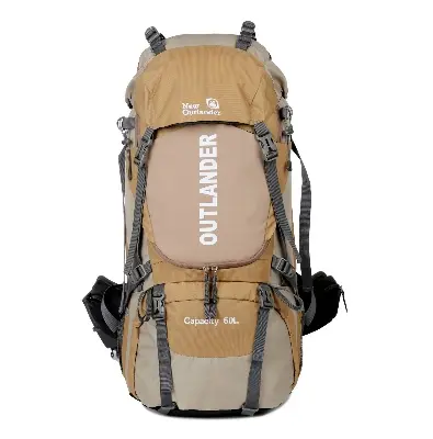 Picture of New Outlander 60L black hiking backpack with red accents and multiple compartments.